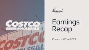 Graphic with Costco Wholesale building and Costco Wholesale logo overlayed on top. To the right reads "Harvest Group Earnings Recap Costco Q2 2023"