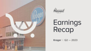 Graphic with Kroger store in background, Kroger shopping cart logo is overlayed. To the right reads "Harvest Group Earnings Recap Kroger Q2 2023"