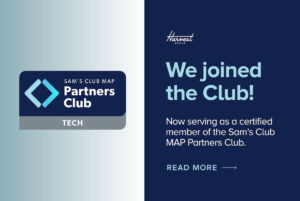 Graphic with Partner Badge reading "Sam's Club MAP Partners Club - TECH" on left. Text on right reads "Harvest Group - We've Joined the Club! Now serving as a certified member of the Sam's Club MAP Partners Club. Read More"