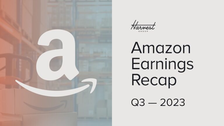 graphic with Amazon shipping boxes overlayed with Amazon logo. Text reads: Harvest Group Amazon Earnings Recap Q3 2023