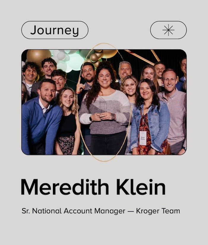 Graphic with text "Journey" above group photo with 9 men and 5 women celebrating an award win. Text below reads "Meredith Klein Sr. National Account Manager – Kroger Team"