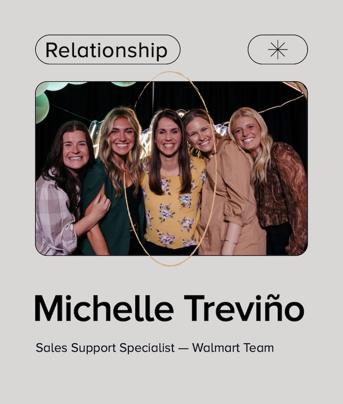 Graphic with "Relationship" text above photo of five women celebrating an award win. Bottom text reads "Michelle Treviño Sales Support Specialist – Walmart Team"