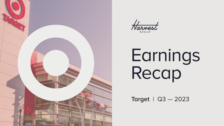 Target store with Target bullseye logo overlayed text to right reads "Harvest Group Earnings Recap Target Q3 2023"