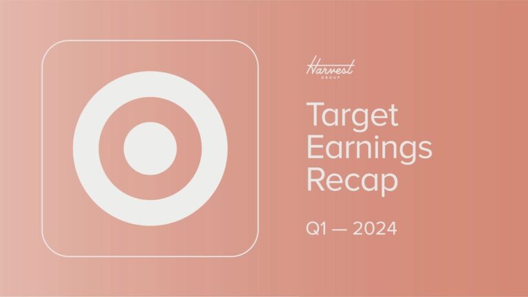 light to darker pink/red gradient background with Target Bullseye logo on the left. The Harvest Group logo featured over text reading "Target Earnings Recap Q1 2024"