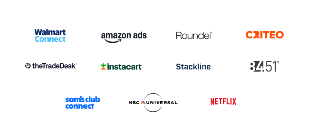 logo stack for Walmart Connect, Amazon Ads, Roundel™, Criteo, The Trade Desk, Instacart, Stackline, 84.51, Sam's Club Connect, NBC Universal, Netflix
